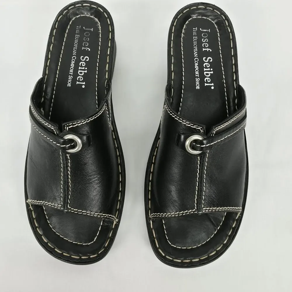 Josef Seibel Womens US 5.5 Black Leather Comfort Slide Sandals Low Heel